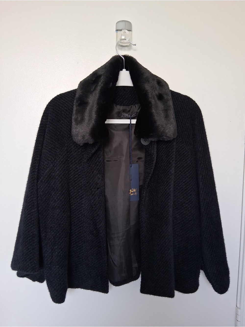 Women's Black Knit Coat with Faux-Fur Collar